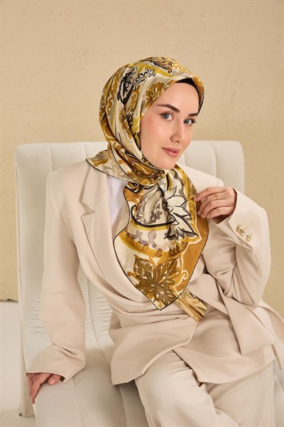 Twill İpek Eşarp Art Desen Krem 90x90