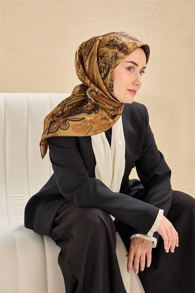 Twill İpek Eşarp Art Desen Olive 90x90