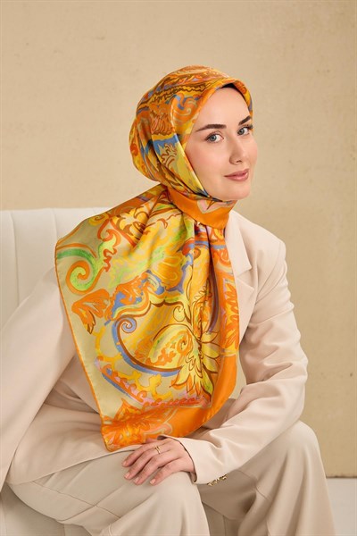 Twill İpek Eşarp Art Desen Pastel Turuncu 90x90
