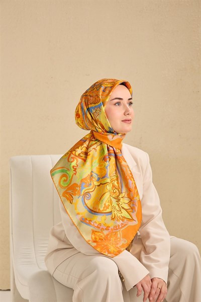 Twill İpek Eşarp Art Desen Pastel Turuncu 90x90