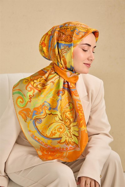 Twill İpek Eşarp Art Desen Pastel Turuncu 90x90