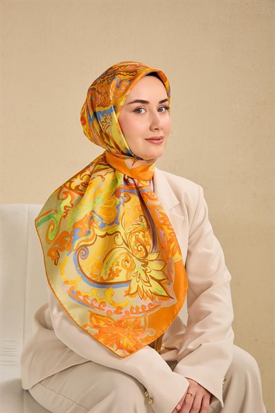 Twill İpek Eşarp Art Desen Pastel Turuncu 90x90