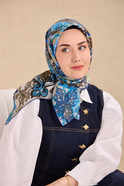 Twill İpek Eşarp Art Desen Petrol Mavi 90x90