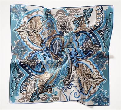 Twill İpek Eşarp Art Desen Petrol Mavi 90x90