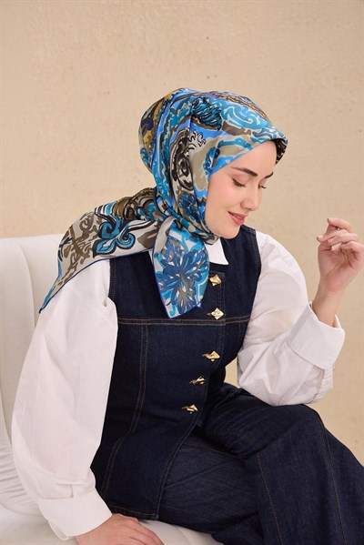 Twill İpek Eşarp Art Desen Petrol Mavi 90x90