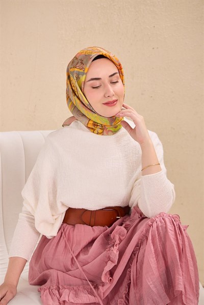 Twill İpek Eşarp Art Desen Soluk Turuncu 90x90