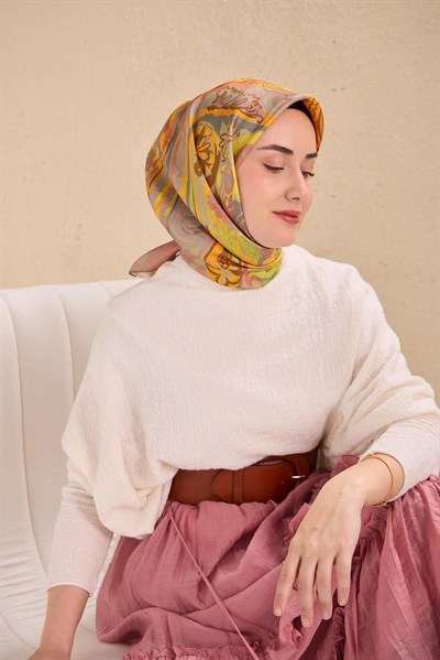 Twill İpek Eşarp Art Desen Soluk Turuncu 90x90