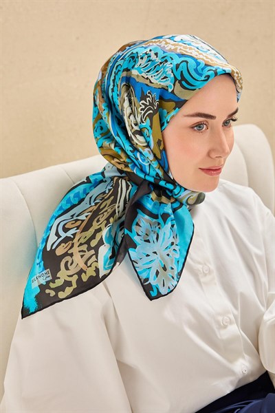 Twill İpek Eşarp Art Desen Turkuaz 90x90