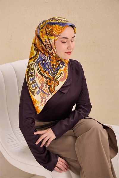 Twill İpek Eşarp Art Desen Turuncu 90x90
