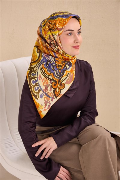 Twill İpek Eşarp Art Desen Turuncu 90x90