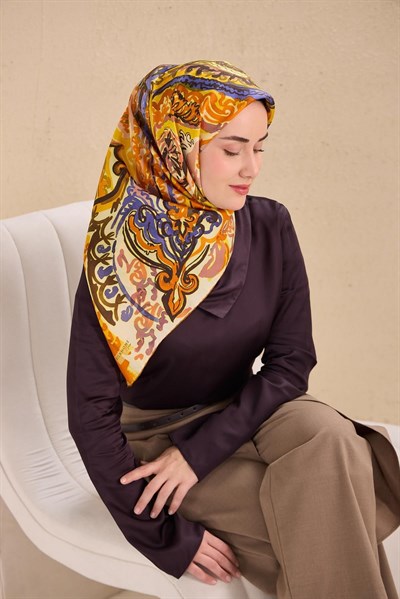 Twill İpek Eşarp Art Desen Turuncu 90x90