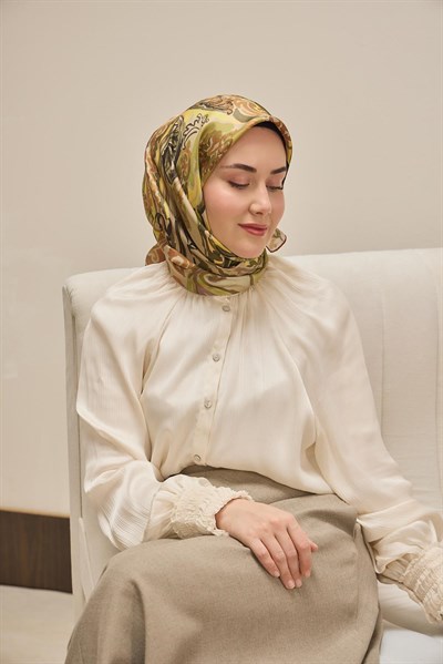 Twill İpek Eşarp Art Desen Yeşil Sarı 90x90