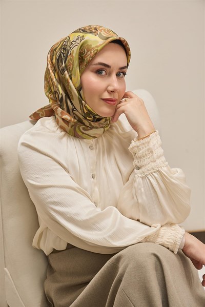 Twill İpek Eşarp Art Desen Yeşil Sarı 90x90