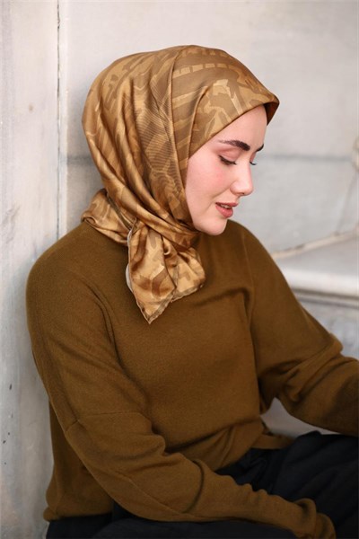 Twill İpek Eşarp Asit–Yağ Yeşili–Haki Desenli Tok Duruşlu 90x90