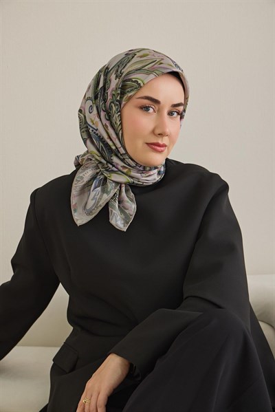 Twill İpek Eşarp Badem Motif Desen Açık Gri 90x90
