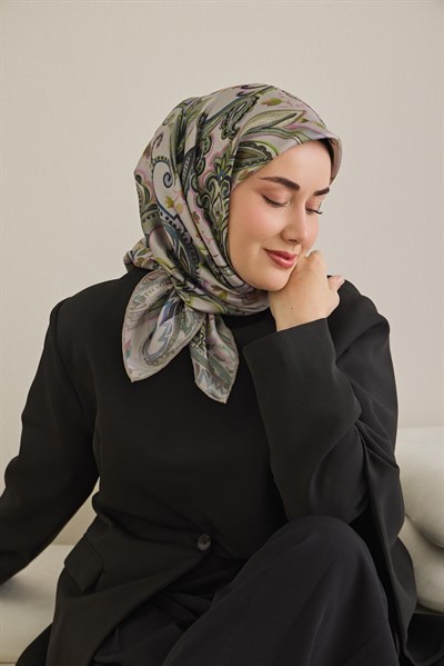 Twill İpek Eşarp Badem Motif Desen Açık Gri 90x90
