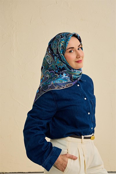 Twill İpek Eşarp Badem Motif Desen Gece Mavisi 90x90