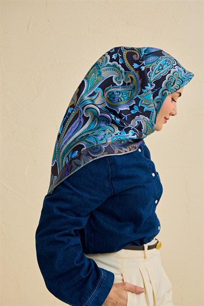Twill İpek Eşarp Badem Motif Desen Gece Mavisi 90x90
