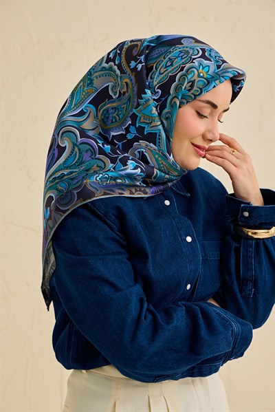 Twill İpek Eşarp Badem Motif Desen Gece Mavisi 90x90