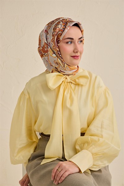 Twill İpek Eşarp Badem Motif Desen Gri 90x90