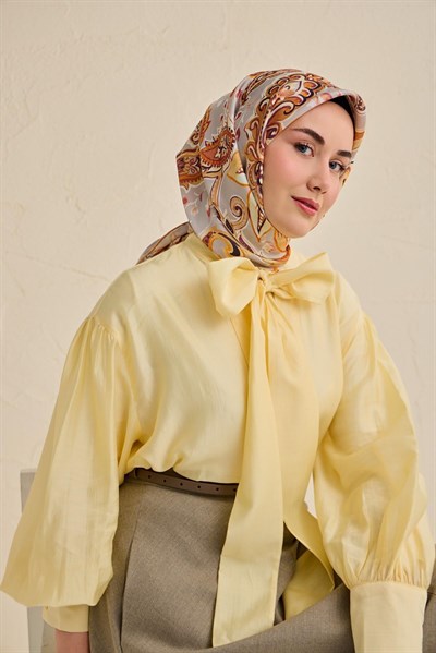 Twill İpek Eşarp Badem Motif Desen Gri 90x90
