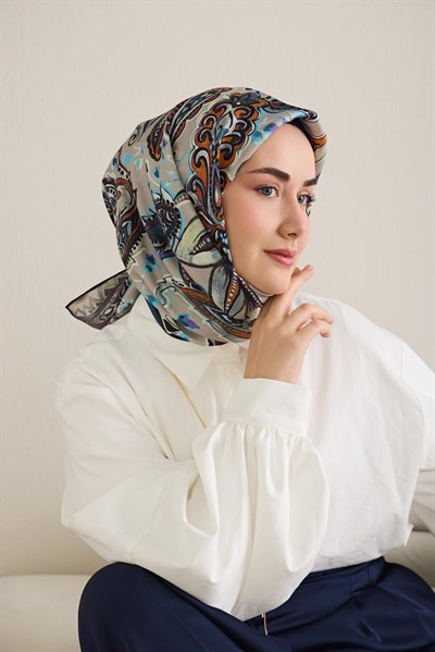 Twill İpek Eşarp Badem Motif Desen Gümüş 90x90