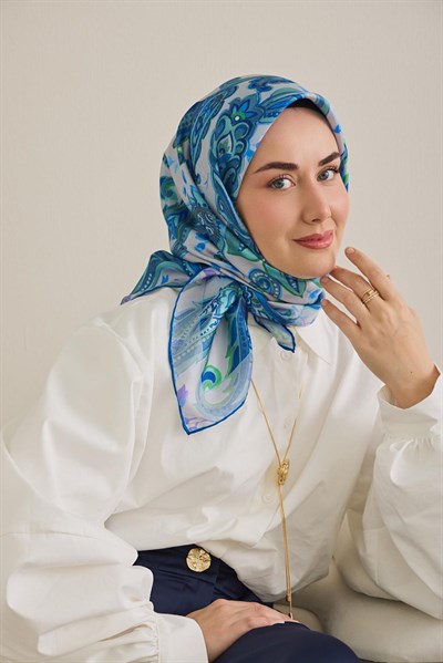 Twill İpek Eşarp Badem Motif Desen Gümüş 90x90