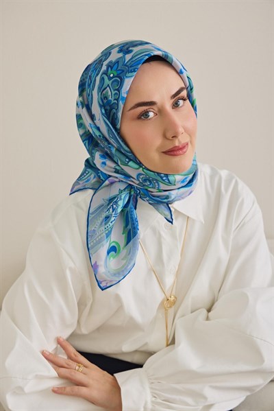 Twill İpek Eşarp Badem Motif Desen Gümüş 90x90