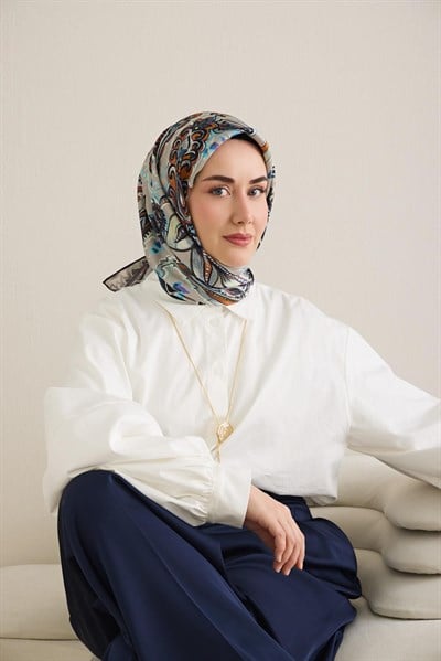 Twill İpek Eşarp Badem Motif Desen Gümüş 90x90