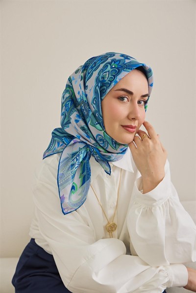 Twill İpek Eşarp Badem Motif Desen Gümüş 90x90