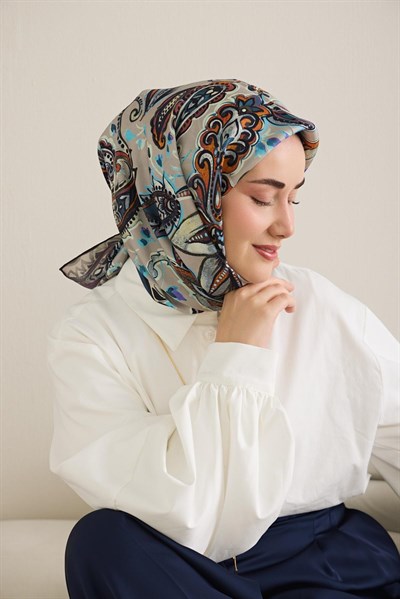 Twill İpek Eşarp Badem Motif Desen Gümüş 90x90
