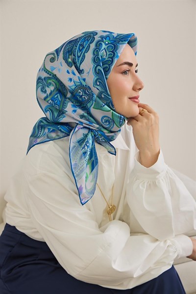 Twill İpek Eşarp Badem Motif Desen Gümüş 90x90