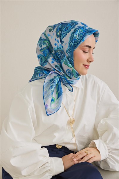 Twill İpek Eşarp Badem Motif Desen Gümüş 90x90
