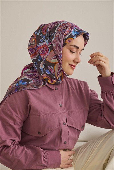 Twill İpek Eşarp Badem Motif Desen Kahverengi 90x90
