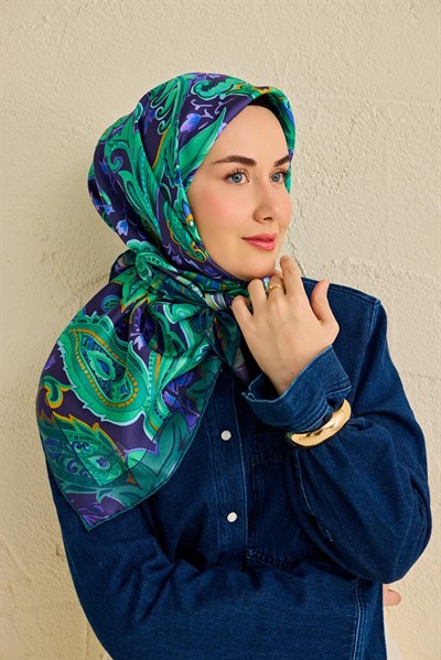 Twill İpek Eşarp Badem Motif Desen Lacivert 90x90