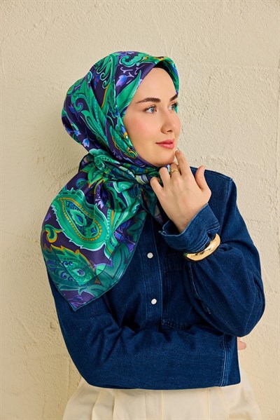 Twill İpek Eşarp Badem Motif Desen Lacivert 90x90