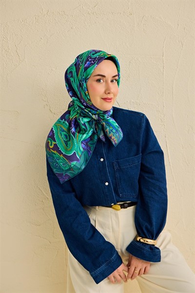 Twill İpek Eşarp Badem Motif Desen Lacivert 90x90