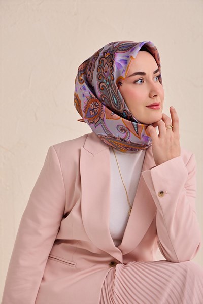 Twill İpek Eşarp Badem Motif Desen Lila 90x90