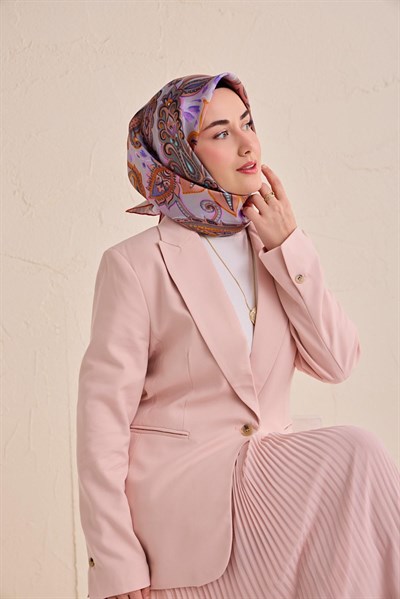 Twill İpek Eşarp Badem Motif Desen Lila 90x90