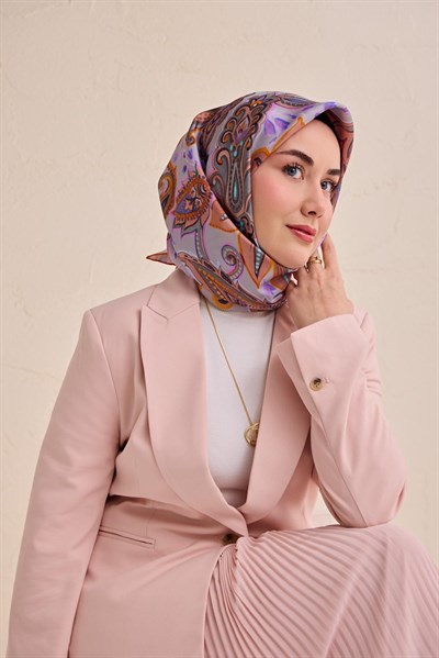 Twill İpek Eşarp Badem Motif Desen Lila 90x90