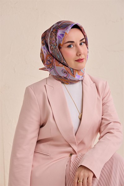 Twill İpek Eşarp Badem Motif Desen Lila 90x90