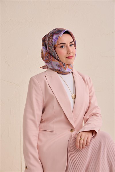 Twill İpek Eşarp Badem Motif Desen Lila 90x90