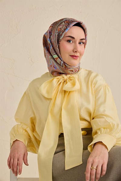 Twill İpek Eşarp Badem Motif Desen Mocha 90x90