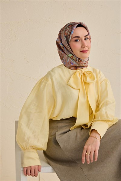 Twill İpek Eşarp Badem Motif Desen Mocha 90x90