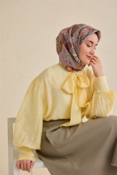 Twill İpek Eşarp Badem Motif Desen Mocha 90x90
