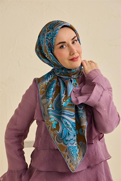 Twill İpek Eşarp Badem Motif Desen Taba 90x90