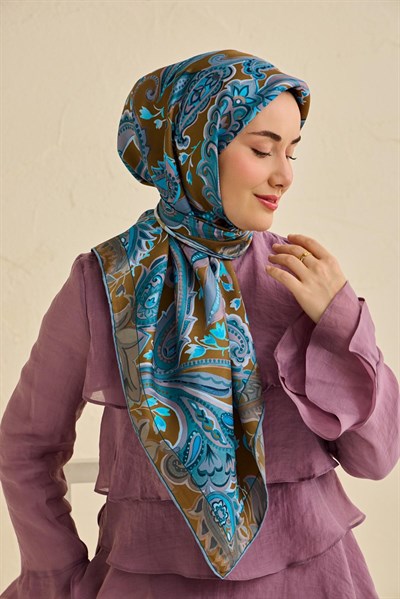 Twill İpek Eşarp Badem Motif Desen Taba 90x90