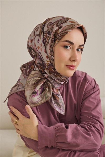 Twill İpek Eşarp Badem Motif Desen Taş 90x90