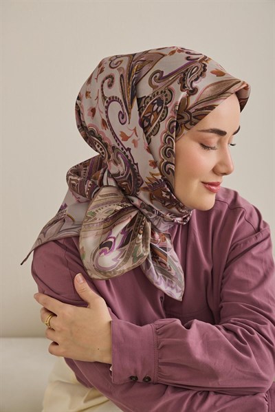 Twill İpek Eşarp Badem Motif Desen Taş 90x90