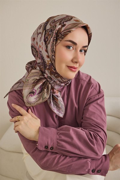 Twill İpek Eşarp Badem Motif Desen Taş 90x90
